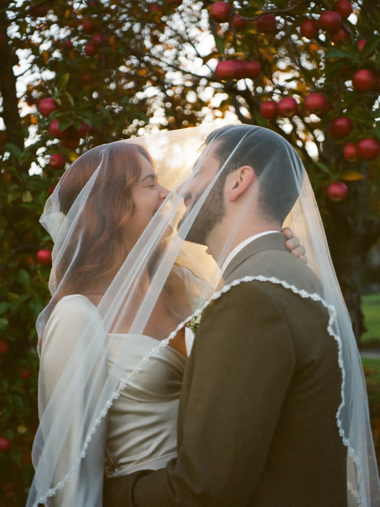 A bride and groom share a kiss beneath her veil.